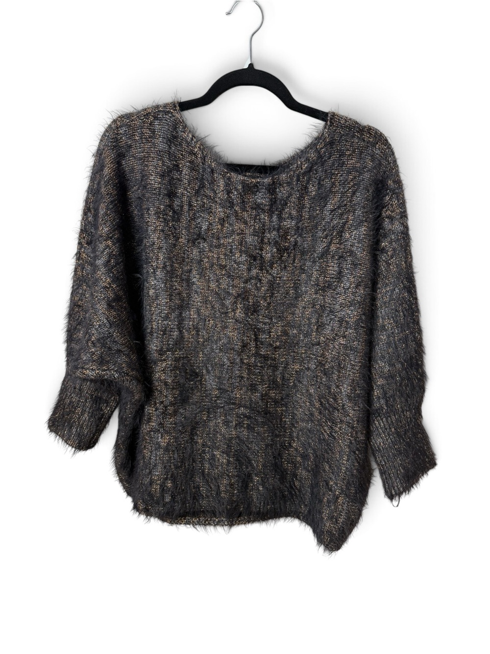 Jennifer Lopez XXL Black Gold Metallic Fuzzy Dolman Cable Knit Sweater NWOT